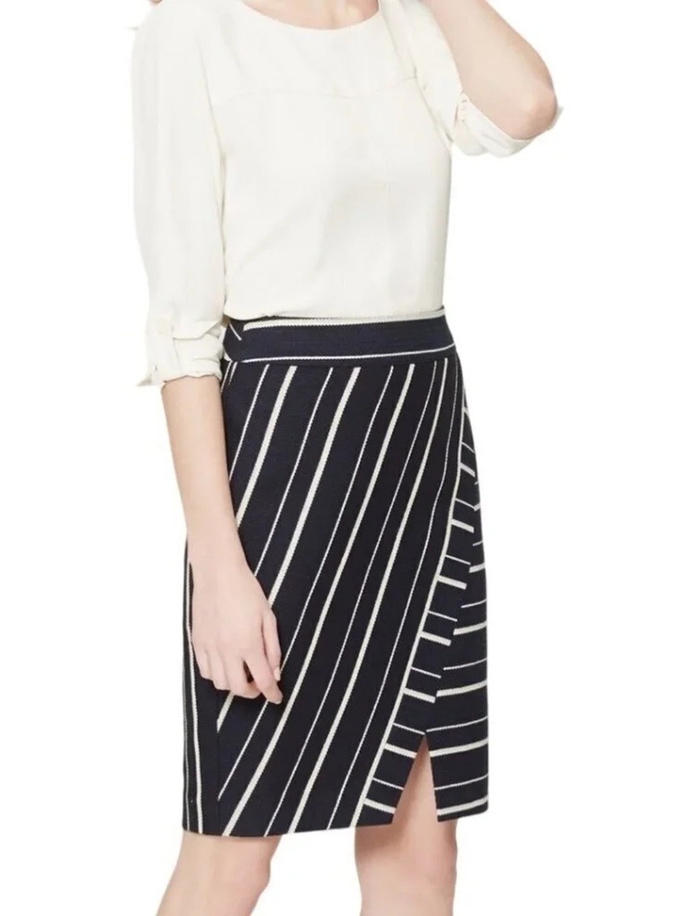 LOFT Navy and White Diagonal Stripe Pencil Skirt